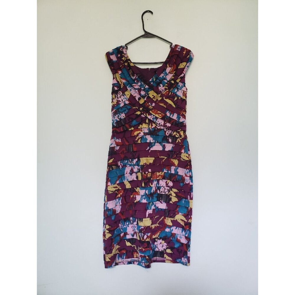 Adrianna Papell Womens Sz 10 Dress Bodycon Ruffle V Neck Purple Blue Cap Sleeve